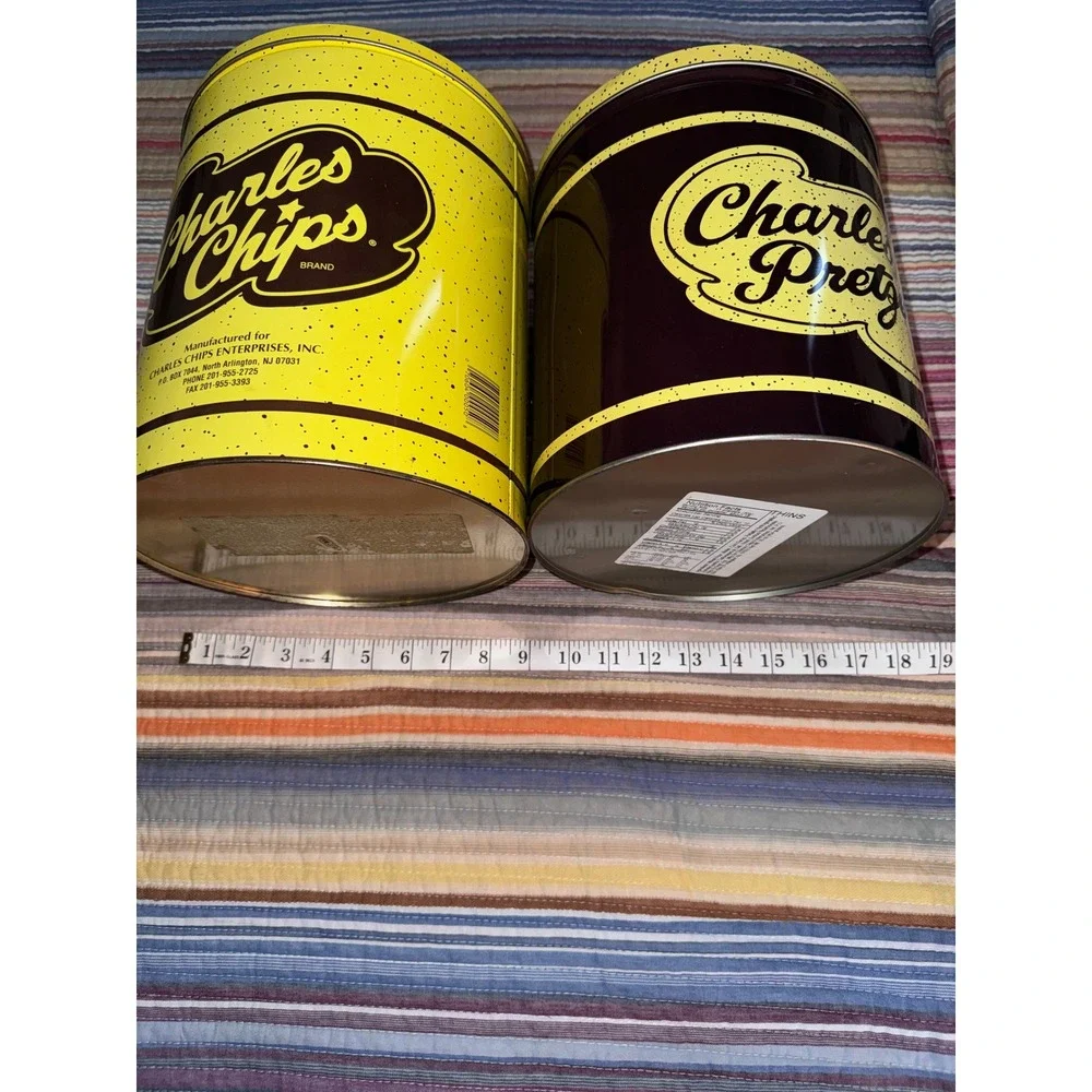 Vintage Charles Chips and Charles Pretzels Tin Set Yellow Brown Retro Snack Cans